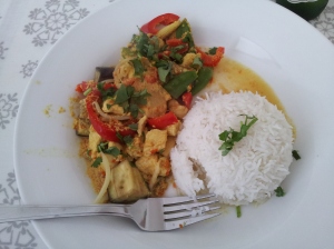 Chicken and vegetable red Thai curry with steamed rice