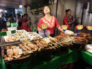 Street food on sticks at Soi 38, Bangkok